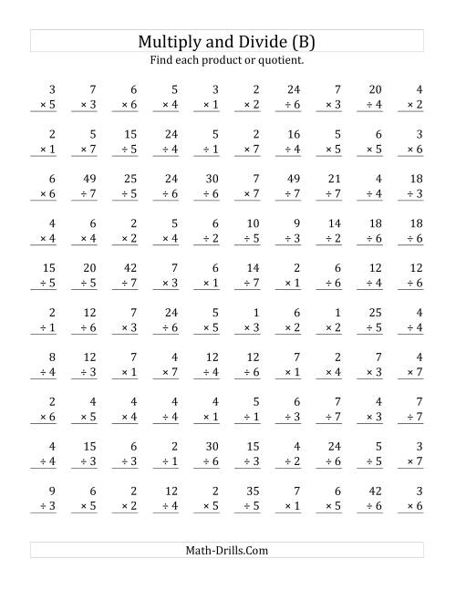 The Multiplying and Dividing with Facts From 1 to 7 (B) Math Worksheet
