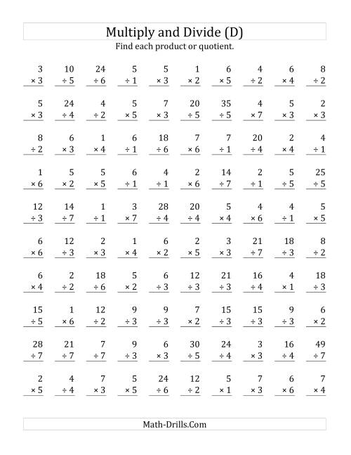The Multiplying and Dividing with Facts From 1 to 7 (D) Math Worksheet
