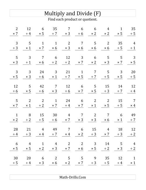 The Multiplying and Dividing with Facts From 1 to 7 (F) Math Worksheet