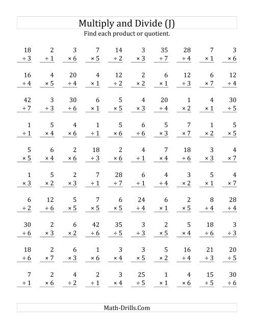 The Multiplying and Dividing with Facts From 1 to 7 (J) Math Worksheet
