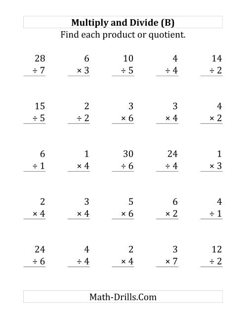 The Multiplying and Dividing with Facts From 1 to 7 (B) Math Worksheet