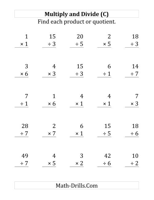 The Multiplying and Dividing with Facts From 1 to 7 (C) Math Worksheet