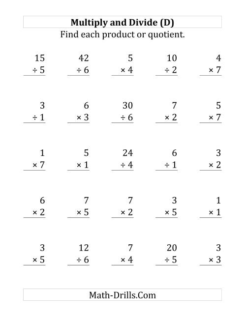 The Multiplying and Dividing with Facts From 1 to 7 (D) Math Worksheet