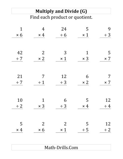 The Multiplying and Dividing with Facts From 1 to 7 (G) Math Worksheet