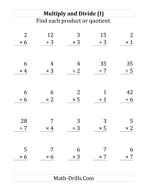 The Multiplying and Dividing with Facts From 1 to 7 (I) Math Worksheet