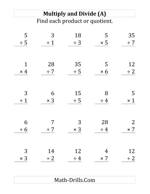 The Multiplying and Dividing with Facts From 1 to 7 (Large Print) Math Worksheet