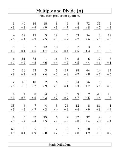 The Multiplying and Dividing with Facts From 1 to 9 (A) Math Worksheet