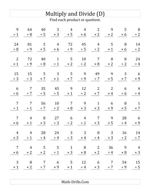 The Multiplying and Dividing with Facts From 1 to 9 (D) Math Worksheet