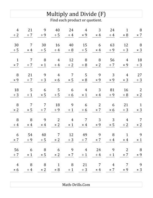 The Multiplying and Dividing with Facts From 1 to 9 (F) Math Worksheet