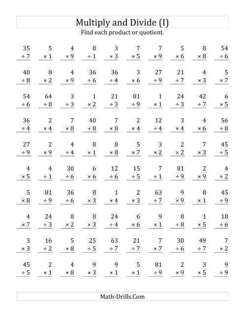 The Multiplying and Dividing with Facts From 1 to 9 (I) Math Worksheet