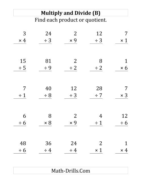 The Multiplying and Dividing with Facts From 1 to 9 (B) Math Worksheet