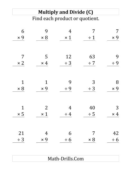 The Multiplying and Dividing with Facts From 1 to 9 (C) Math Worksheet