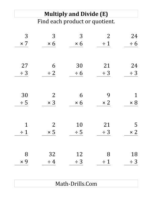 The Multiplying and Dividing with Facts From 1 to 9 (E) Math Worksheet