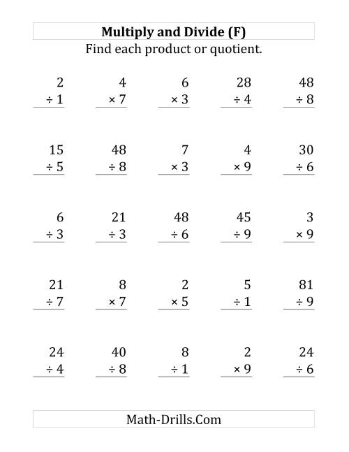 The Multiplying and Dividing with Facts From 1 to 9 (F) Math Worksheet
