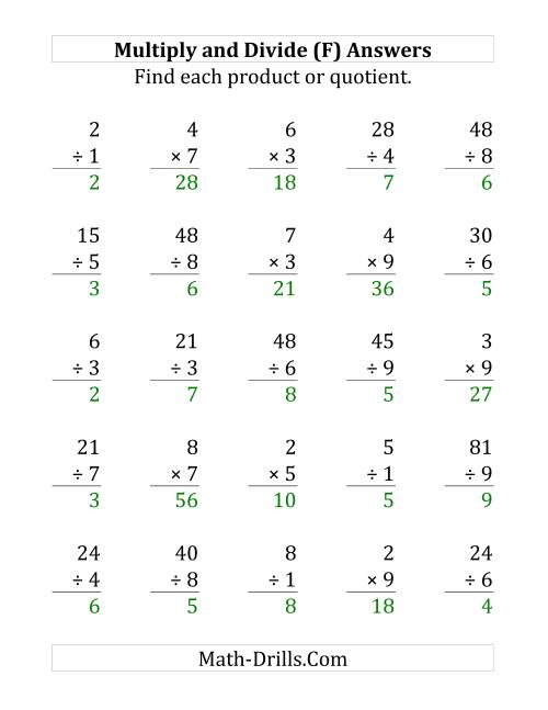 The Multiplying and Dividing with Facts From 1 to 9 (F) Math Worksheet Page 2