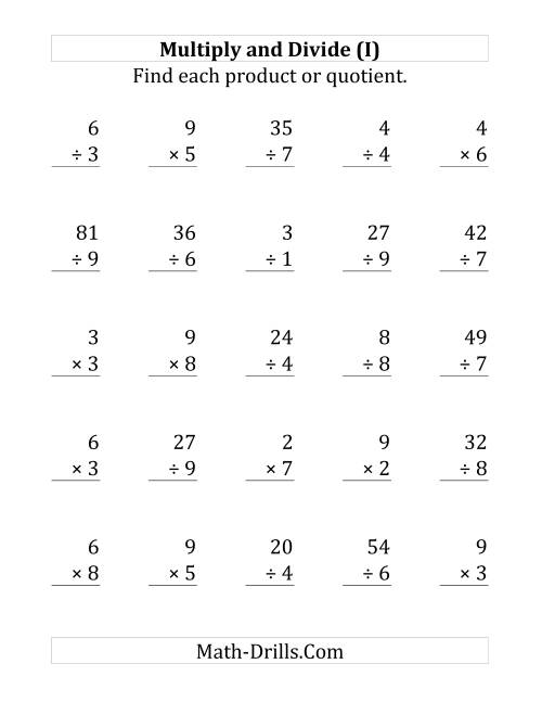 The Multiplying and Dividing with Facts From 1 to 9 (I) Math Worksheet