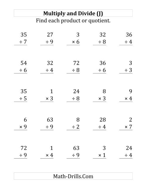 The Multiplying and Dividing with Facts From 1 to 9 (J) Math Worksheet