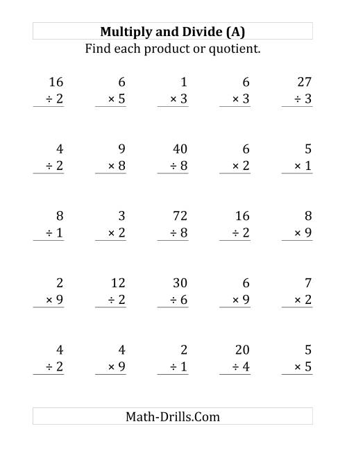 The Multiplying and Dividing with Facts From 1 to 9 (Large Print) Math Worksheet