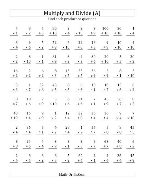 The Multiplying and Dividing with Facts From 1 to 10 (A) Math Worksheet