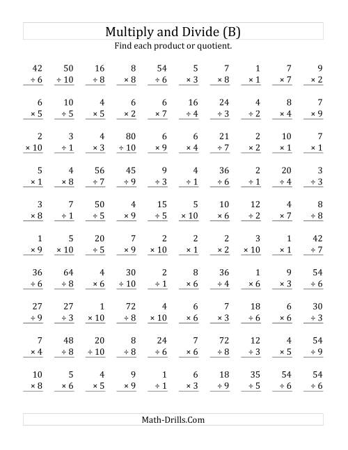 The Multiplying and Dividing with Facts From 1 to 10 (B) Math Worksheet