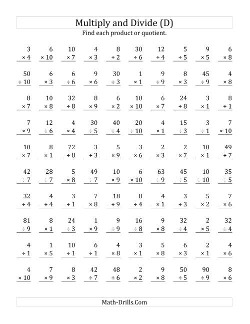 The Multiplying and Dividing with Facts From 1 to 10 (D) Math Worksheet