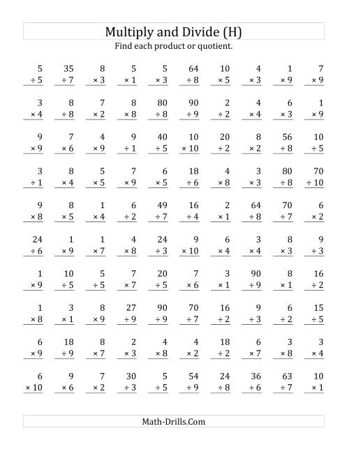The Multiplying and Dividing with Facts From 1 to 10 (H) Math Worksheet