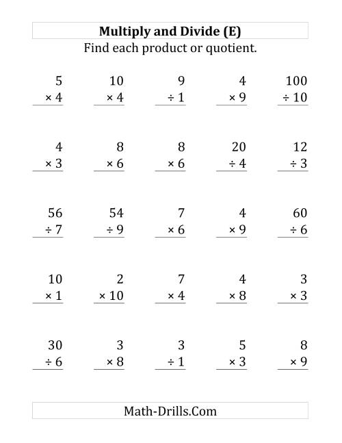 The Multiplying and Dividing with Facts From 1 to 10 (E) Math Worksheet