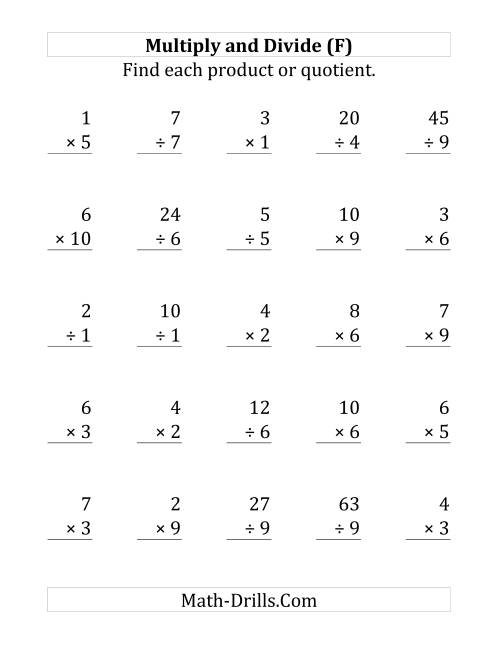 The Multiplying and Dividing with Facts From 1 to 10 (F) Math Worksheet