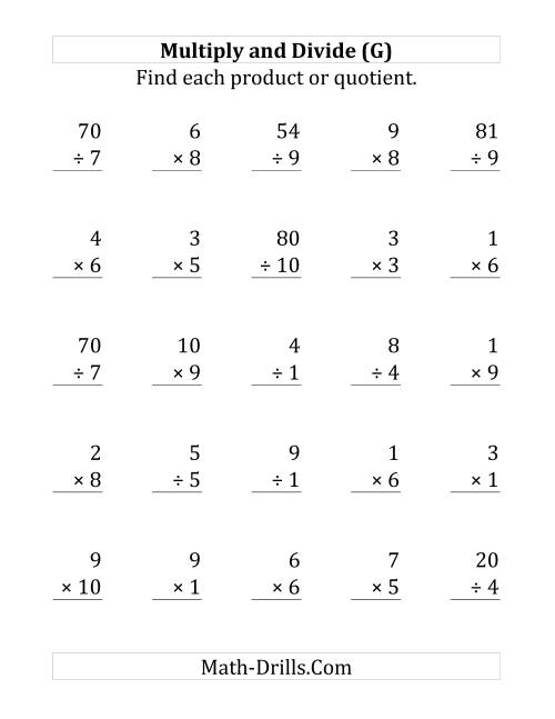 The Multiplying and Dividing with Facts From 1 to 10 (G) Math Worksheet