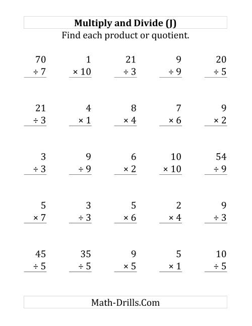 The Multiplying and Dividing with Facts From 1 to 10 (J) Math Worksheet