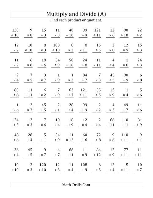 The Multiplying and Dividing with Facts From 1 to 12 (A) Math Worksheet