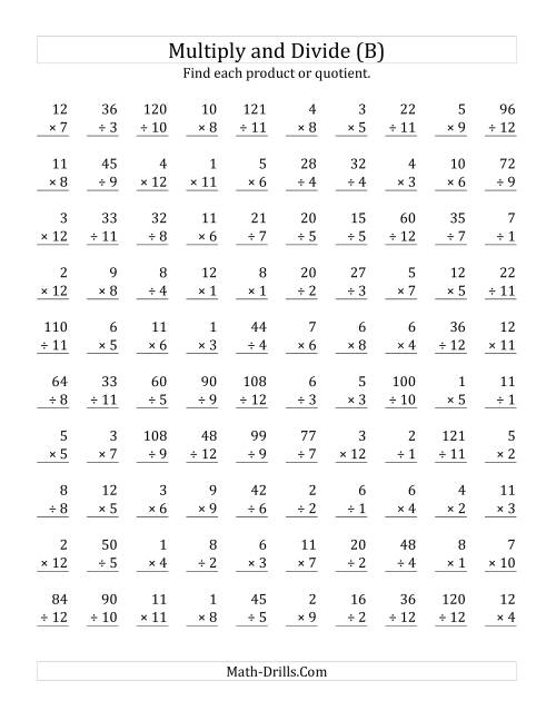 The Multiplying and Dividing with Facts From 1 to 12 (B) Math Worksheet