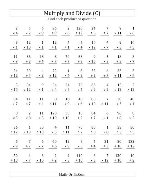 The Multiplying and Dividing with Facts From 1 to 12 (C) Math Worksheet