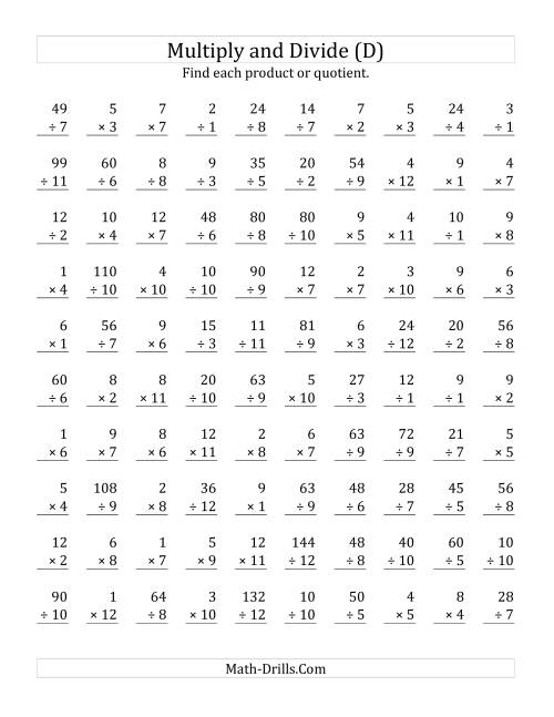 The Multiplying and Dividing with Facts From 1 to 12 (D) Math Worksheet