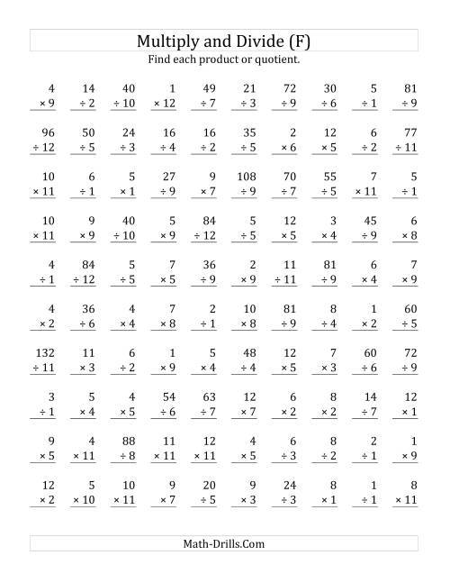 The Multiplying and Dividing with Facts From 1 to 12 (F) Math Worksheet