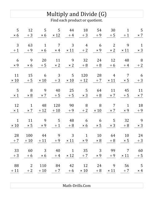 The Multiplying and Dividing with Facts From 1 to 12 (G) Math Worksheet