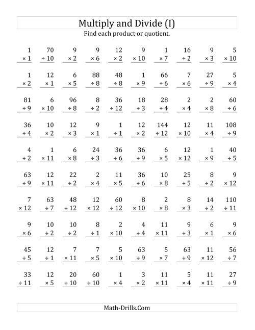 The Multiplying and Dividing with Facts From 1 to 12 (I) Math Worksheet