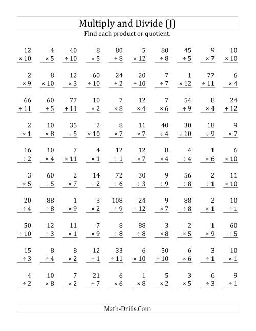 The Multiplying and Dividing with Facts From 1 to 12 (J) Math Worksheet
