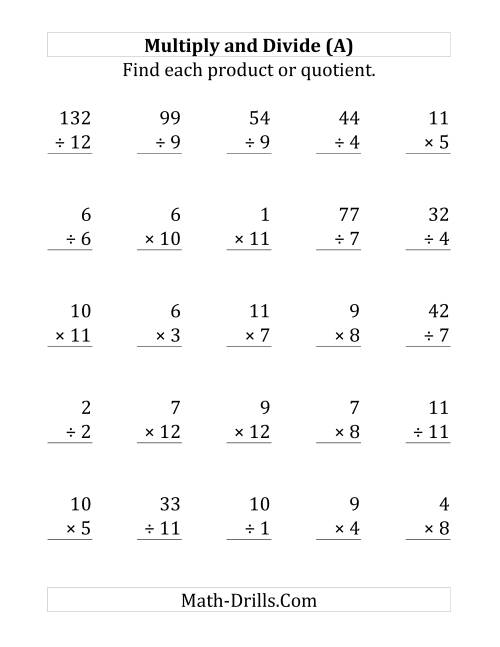The Multiplying and Dividing with Facts From 1 to 12 (A) Math Worksheet