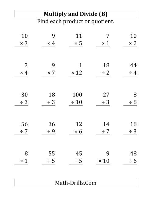 The Multiplying and Dividing with Facts From 1 to 12 (B) Math Worksheet