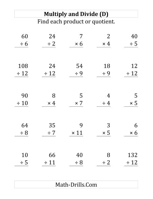 The Multiplying and Dividing with Facts From 1 to 12 (D) Math Worksheet