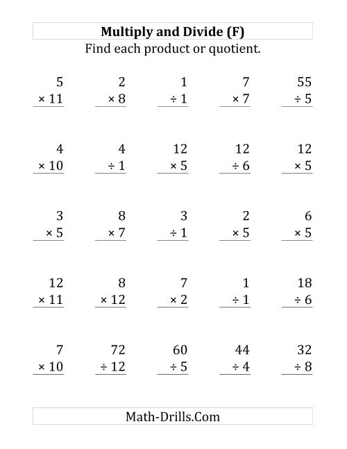 The Multiplying and Dividing with Facts From 1 to 12 (F) Math Worksheet