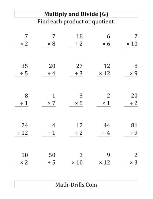 The Multiplying and Dividing with Facts From 1 to 12 (G) Math Worksheet