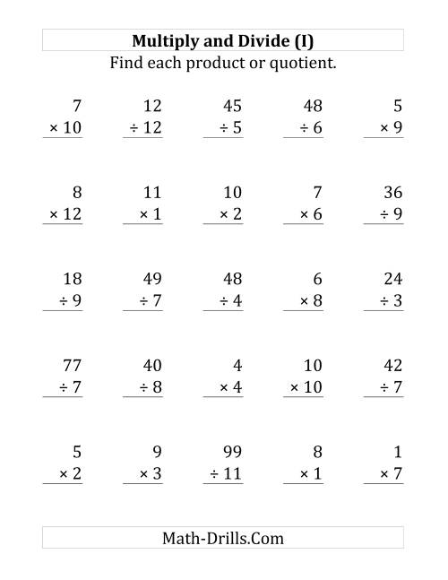 The Multiplying and Dividing with Facts From 1 to 12 (I) Math Worksheet