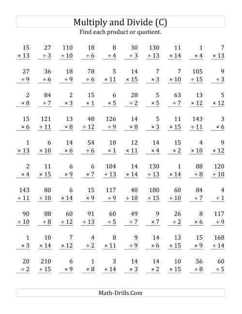 The Multiplying and Dividing with Facts From 1 to 15 (C) Math Worksheet