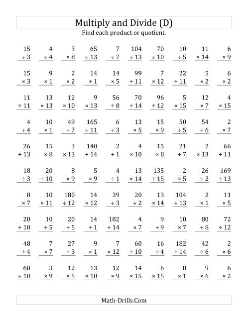 The Multiplying and Dividing with Facts From 1 to 15 (D) Math Worksheet