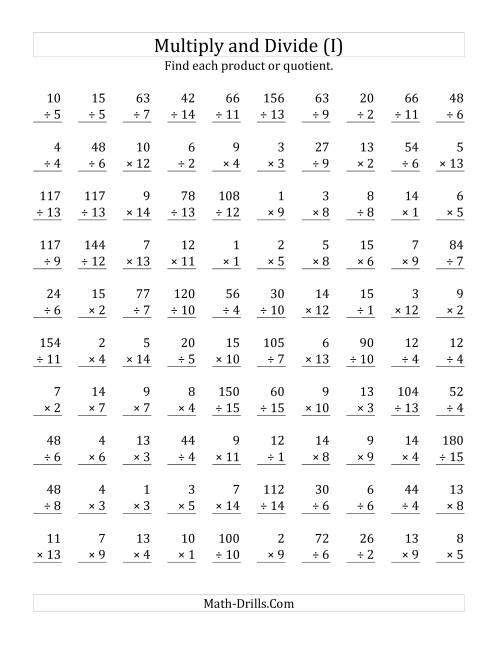 The Multiplying and Dividing with Facts From 1 to 15 (I) Math Worksheet