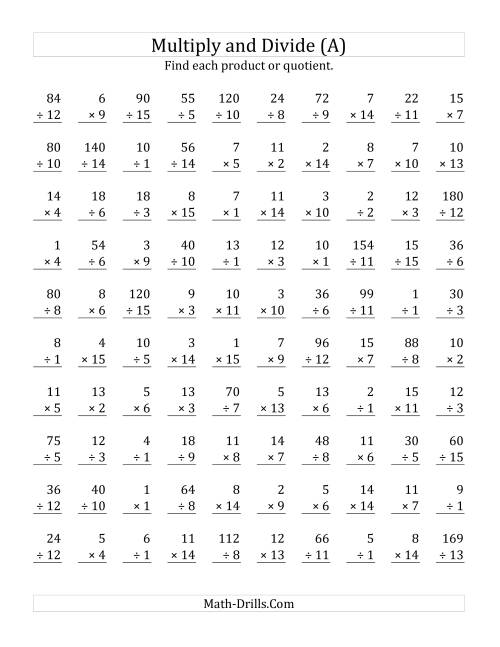 The Multiplying and Dividing with Facts From 1 to 15 (All) Math Worksheet