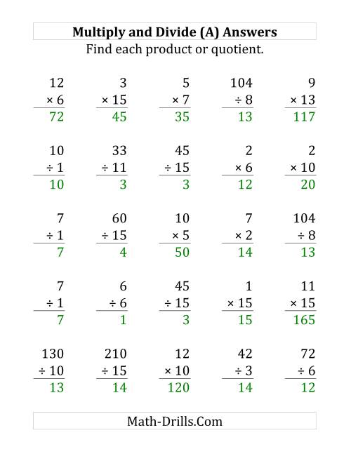 The Multiplying and Dividing with Facts From 1 to 15 (A) Math Worksheet Page 2