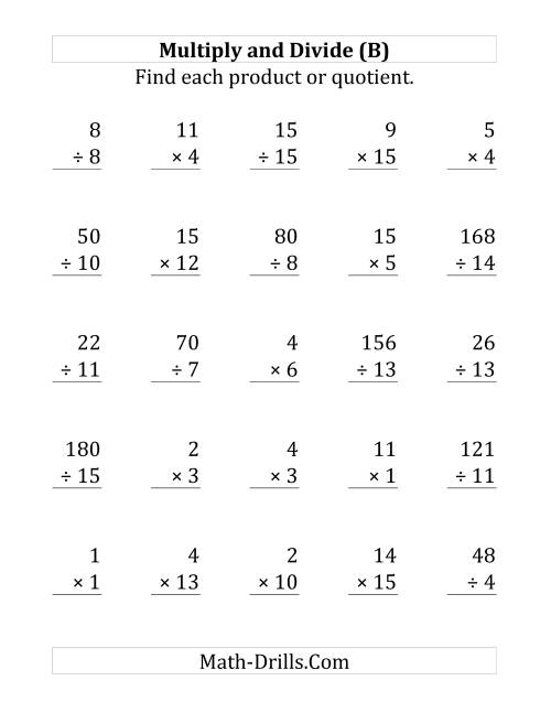 The Multiplying and Dividing with Facts From 1 to 15 (B) Math Worksheet